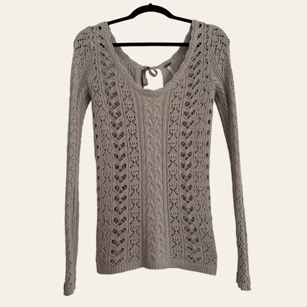 Free People Boho Crochet Tie Open Back S Top Stone Beige Tan Long Sleeves EUC - Picture 2 of 13